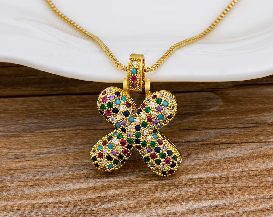 Nidin Fashion Luxury 26 Letters Copper Zircon Pendant Necklace for Women Rainbow Initials Name Necklace Wedding Party Jewelry Pi-Mart