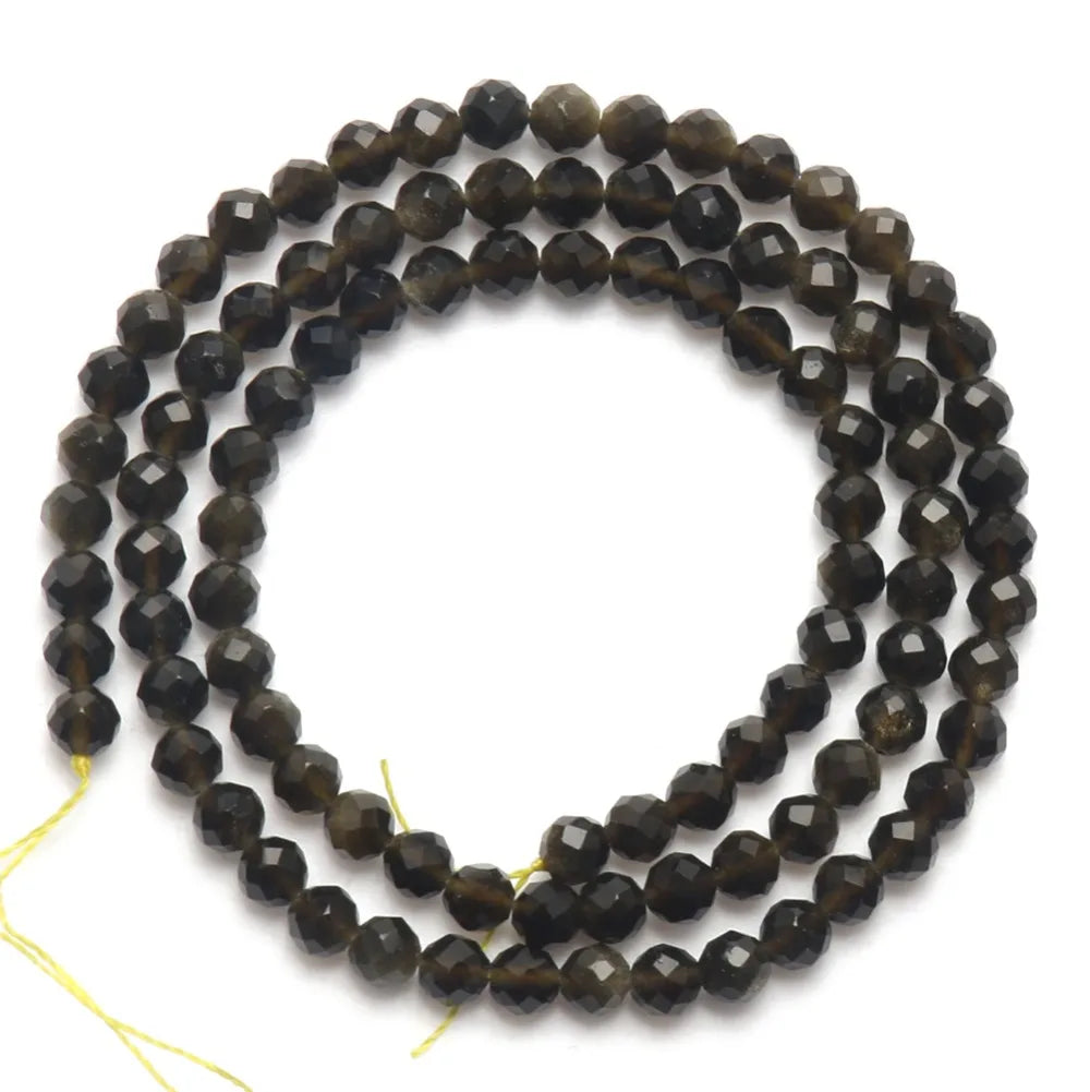 Natural Black Obsidian Stone 2/3/4mm Faceted Loose Round Mineral Beads for Jewelry Making DIY Christmas Gift Bracelets 15inch Pi-Mart
