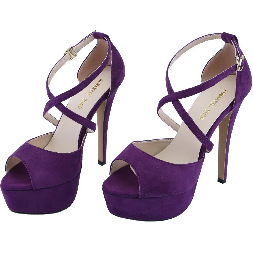 2026 Women Sandals 14CM Platform High Heels Sexy Ankle Strap Sandal Open Toe Stilettos Party Dress Wedding Shoes Plus Size 44 Pi-Mart