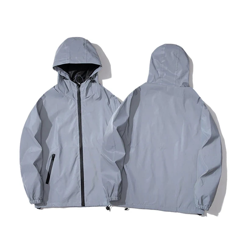 NEW SIZE Night Reflective Jackets Double Fabric Windbreaker Hooded Jacket Men Hip Hop Dancer Waterproof Zipper Coats Outwear LadyShow.Store