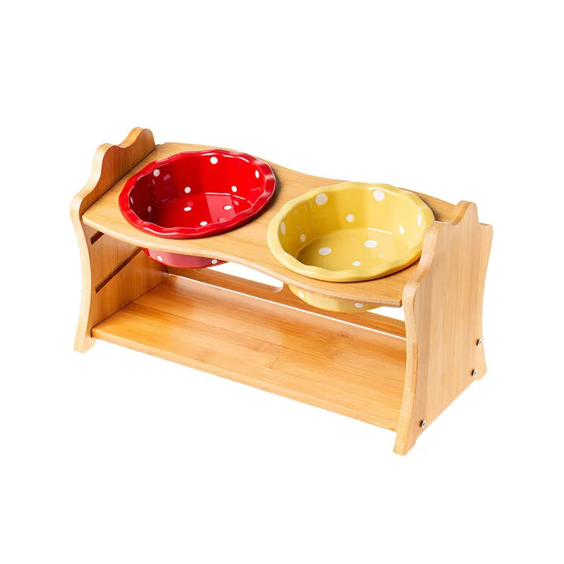 Cute Pets Double Bowl Dog Cat Food Water Feeder Stand Raised Ceramic Dish Bowl Wooden Table Pet Supplies Pi-Mart