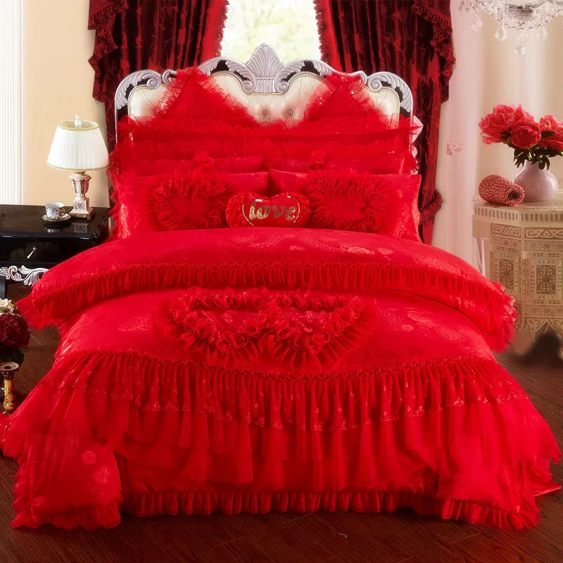 Luxury Wedding Bedding Sets Queen King Size Pink Princess Lace Bedcover Set Jacquard Duvet Cover Bed Sheet Pillowcases LadyShow.Store