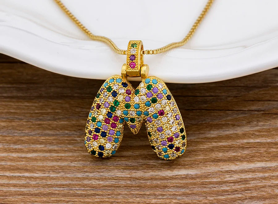 Nidin Fashion Luxury 26 Letters Copper Zircon Pendant Necklace for Women Rainbow Initials Name Necklace Wedding Party Jewelry Pi-Mart