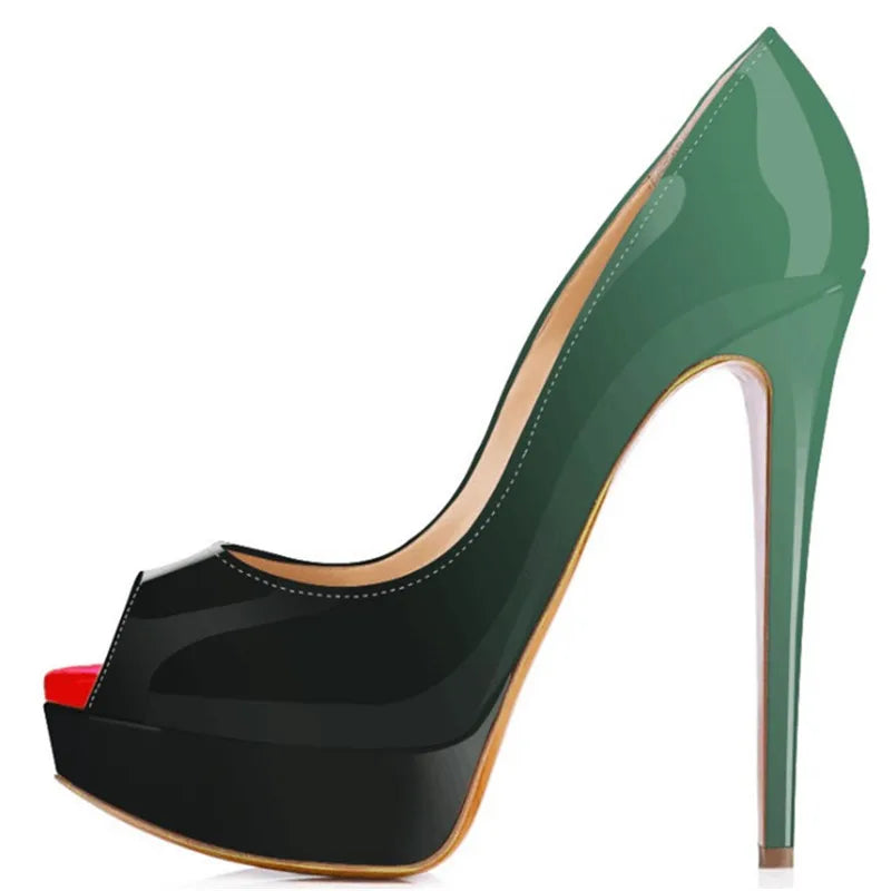 Women Pumps Sexy Platform Peep Toe 14cm Extremely Thin High Heels Stiletto Patent Leather Fashion Party Nighclub Wedding Shoes Pi-Mart
