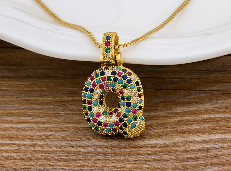 Nidin Fashion Luxury 26 Letters Copper Zircon Pendant Necklace for Women Rainbow Initials Name Necklace Wedding Party Jewelry Pi-Mart