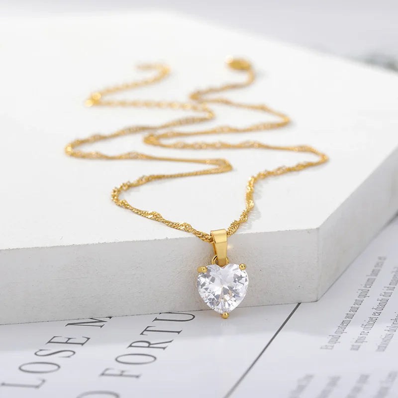 Heart Necklaces For Women Stainless Steel Gold Plated Chain Zircon Heart Pendant Choker Necklace Wedding Boho Jewelry Gift Femme Pi-Mart
