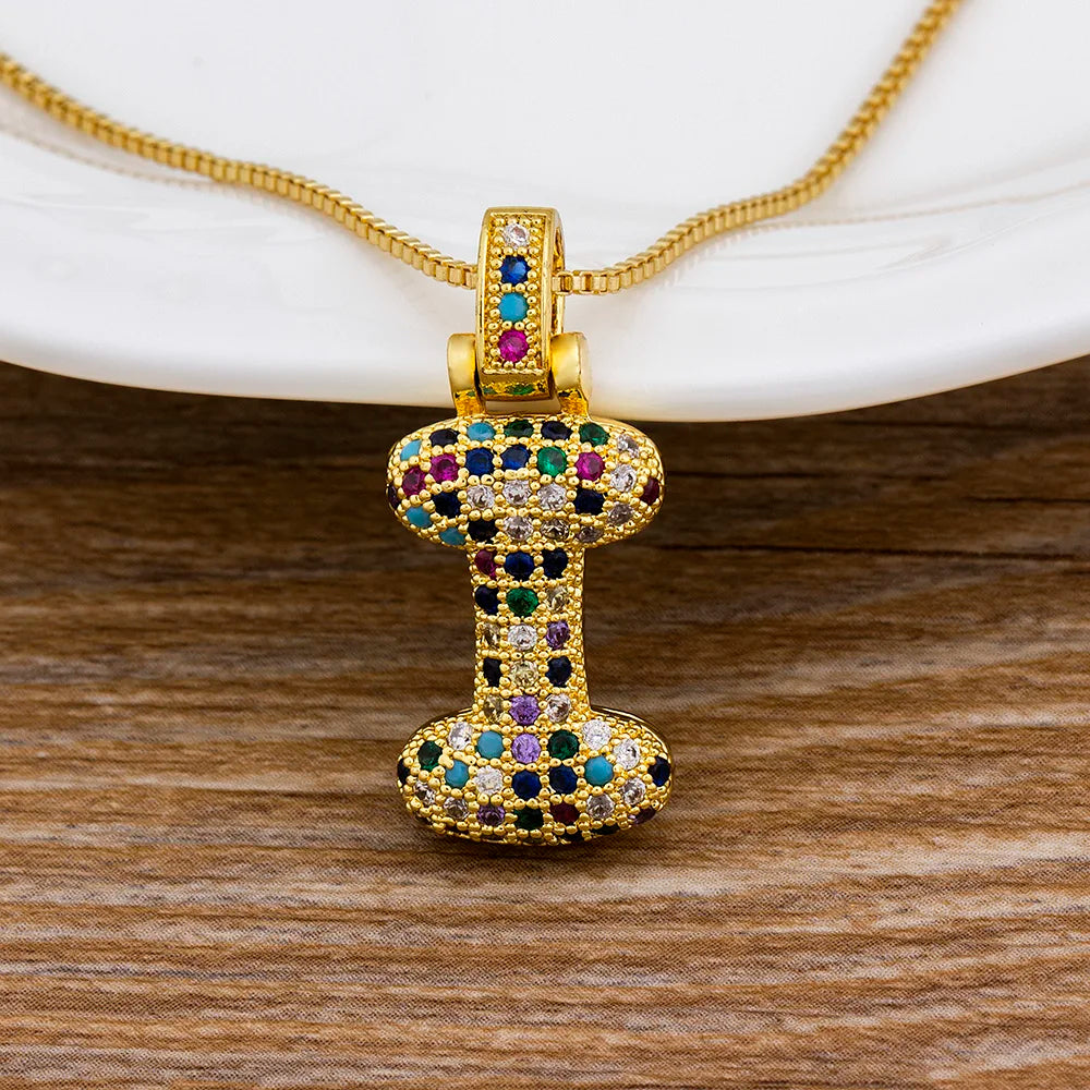 Nidin Fashion Luxury 26 Letters Copper Zircon Pendant Necklace for Women Rainbow Initials Name Necklace Wedding Party Jewelry Pi-Mart