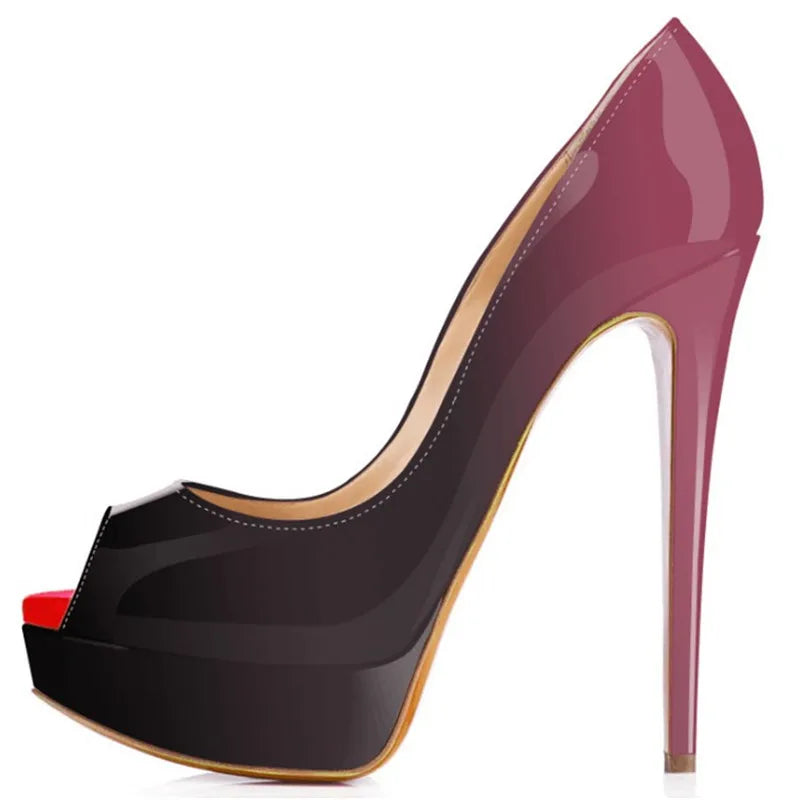 Women Pumps Sexy Platform Peep Toe 14cm Extremely Thin High Heels Stiletto Patent Leather Fashion Party Nighclub Wedding Shoes Pi-Mart