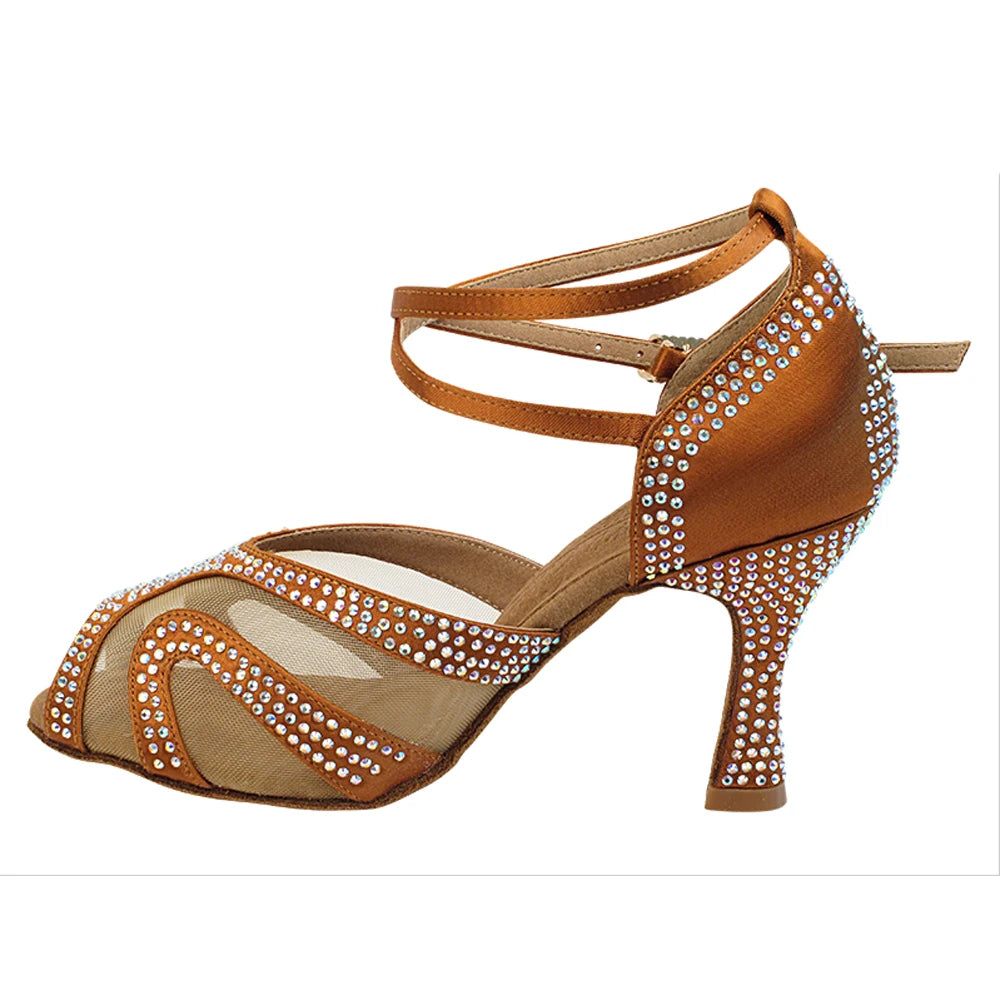 Evkoodance Women's Sexy Brown Rhinestone Latin Dance Shoes Satin Mesh 7cm Heel Salsa Ballroom Tango Practice Dancing Party Shoes Pi-Mart
