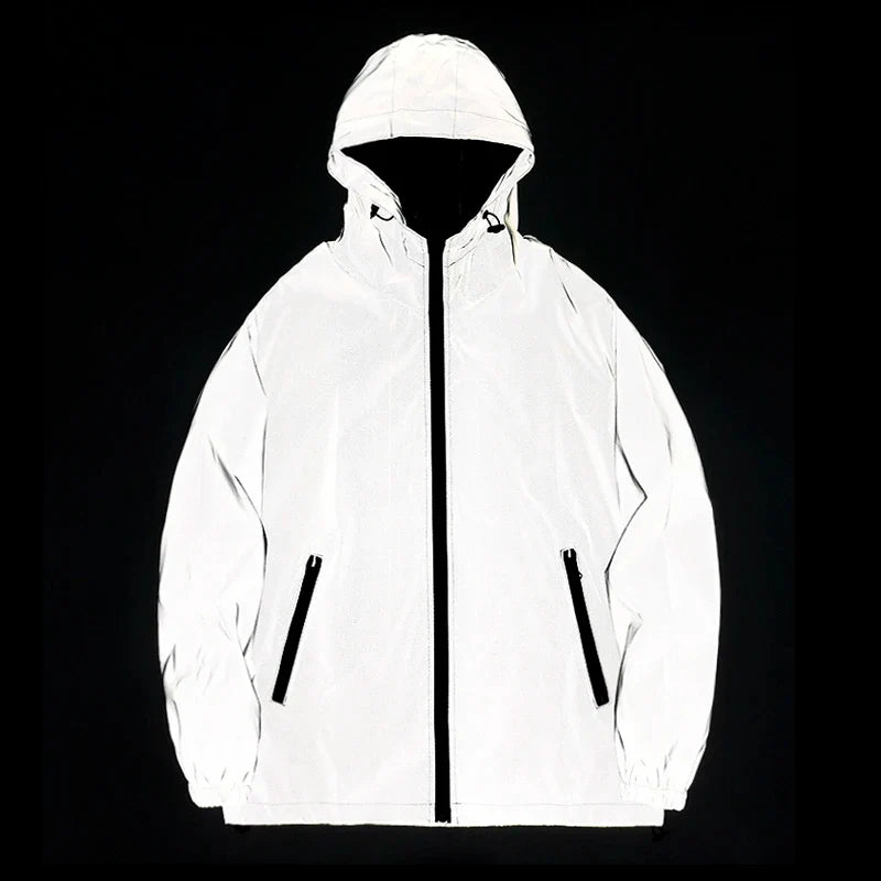 NEW SIZE Night Reflective Jackets Double Fabric Windbreaker Hooded Jacket Men Hip Hop Dancer Waterproof Zipper Coats Outwear LadyShow.Store