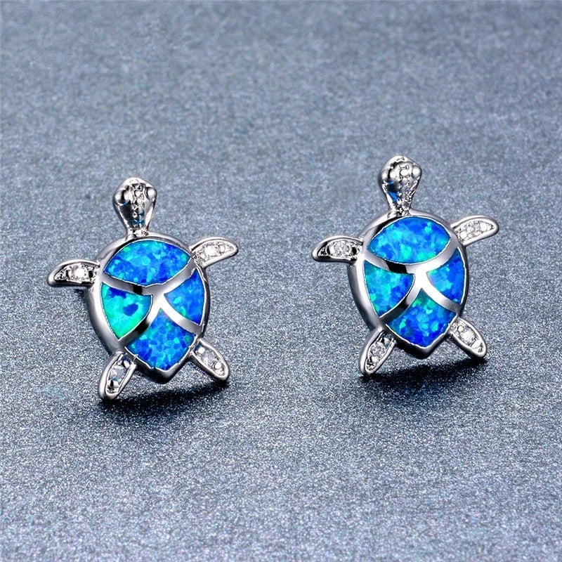 Cute Sea Turtle Stud Earring For Women Fashion Imitation Blue Fire Opal Screw Back Earrings For Women Wedding Band Jewelry Gifts Pi-Mart