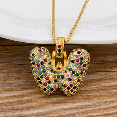 Nidin Fashion Luxury 26 Letters Copper Zircon Pendant Necklace for Women Rainbow Initials Name Necklace Wedding Party Jewelry Pi-Mart