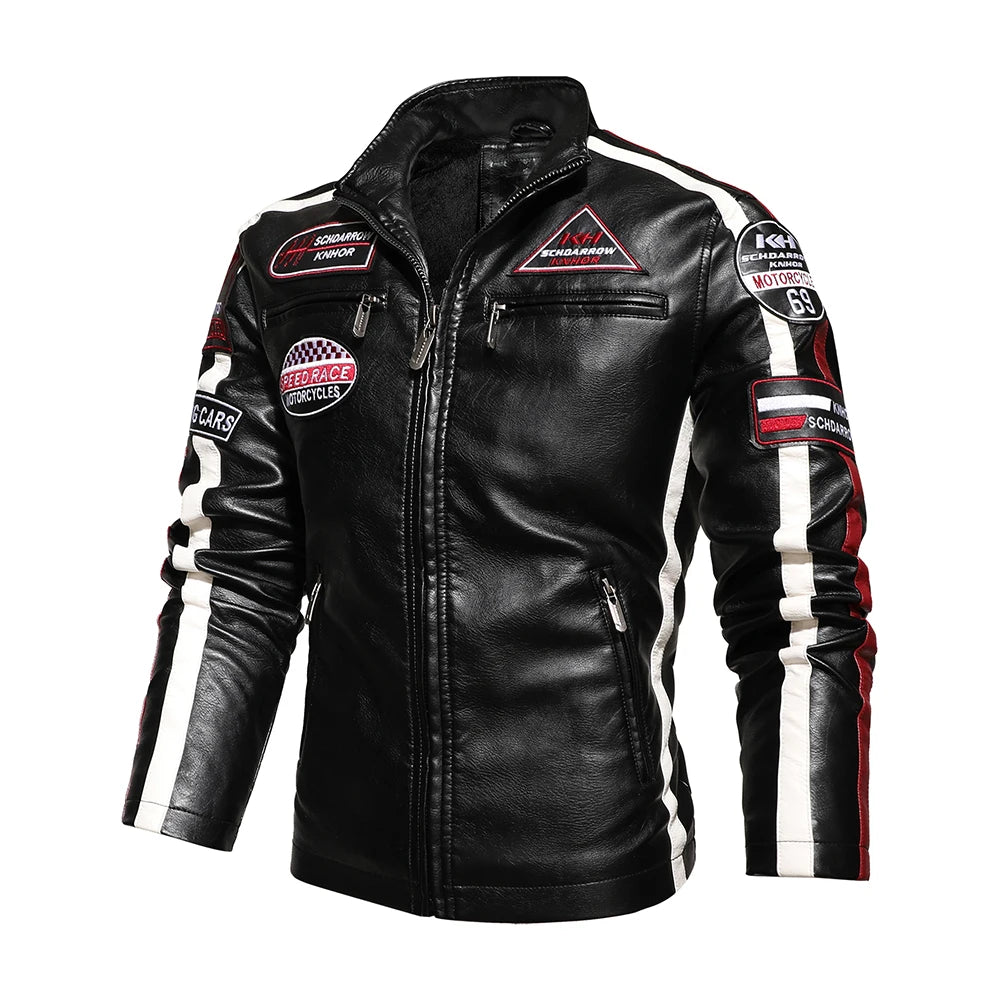 Mens Vintage Motorcycle Jacket 2024 Men Fashion New Biker Leather Jacket Male Embroidery Bomber Coat Winter Fleece Pu Overcoat Pi-Mart