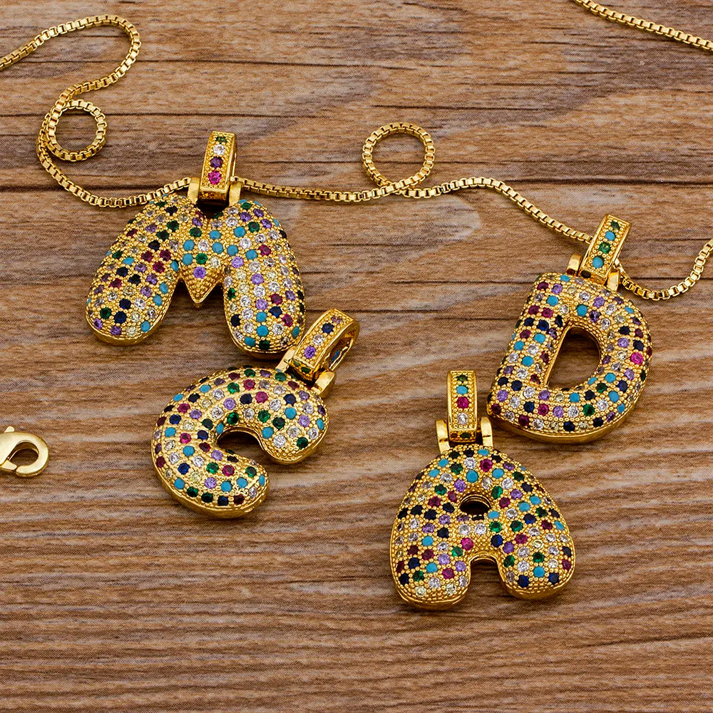Nidin Fashion Luxury 26 Letters Copper Zircon Pendant Necklace for Women Rainbow Initials Name Necklace Wedding Party Jewelry Pi-Mart