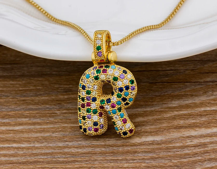 Nidin Fashion Luxury 26 Letters Copper Zircon Pendant Necklace for Women Rainbow Initials Name Necklace Wedding Party Jewelry Pi-Mart