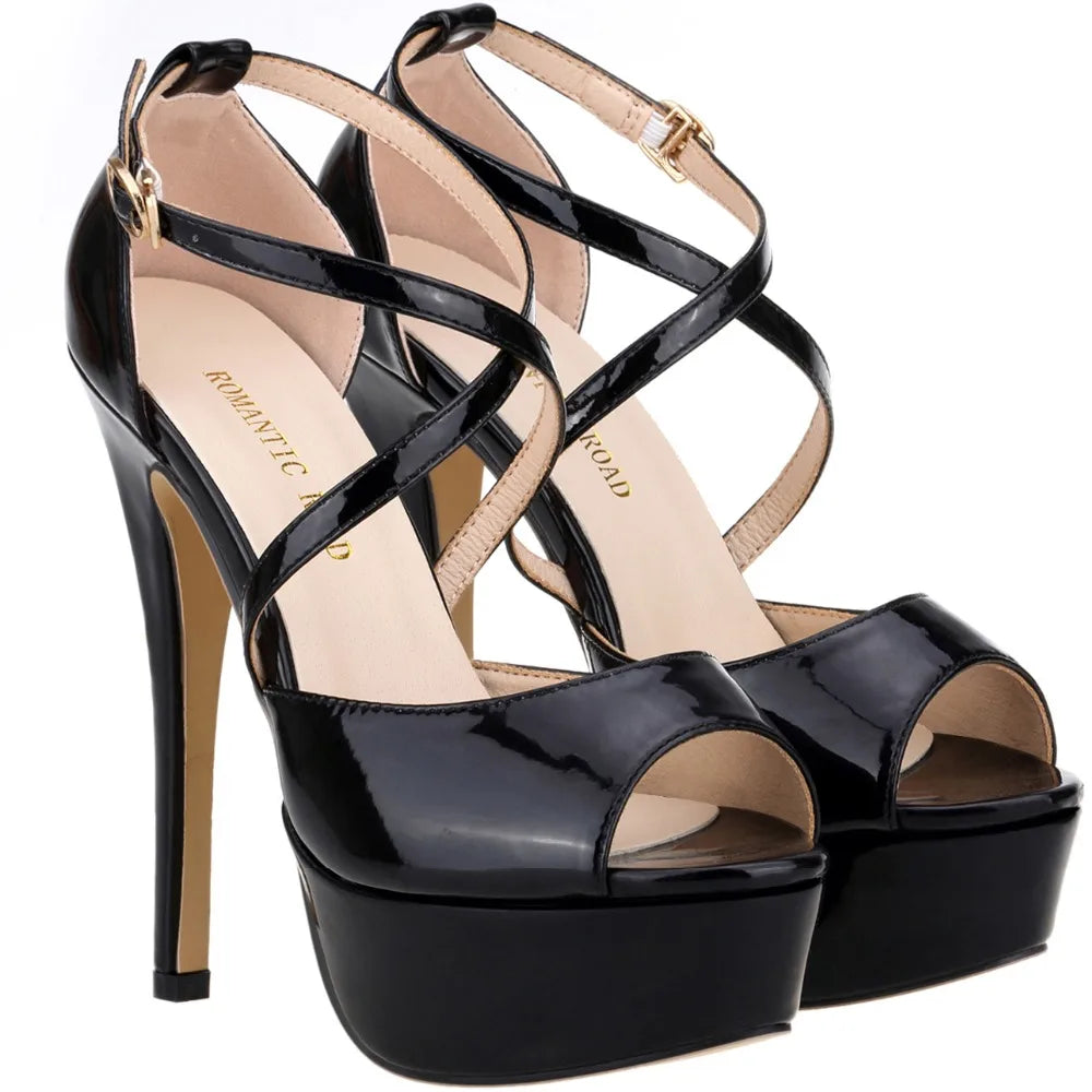 2026 Women Sandals 14CM Platform High Heels Sexy Ankle Strap Sandal Open Toe Stilettos Party Dress Wedding Shoes Plus Size 44 Pi-Mart