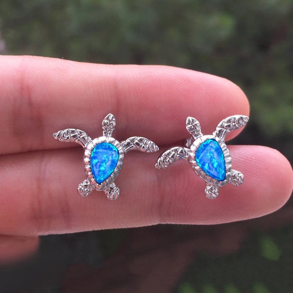 Cute Sea Turtle Stud Earring For Women Fashion Imitation Blue Fire Opal Screw Back Earrings For Women Wedding Band Jewelry Gifts Pi-Mart