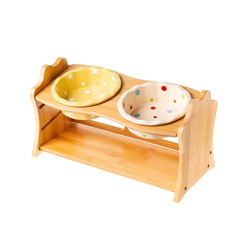 Cute Pets Double Bowl Dog Cat Food Water Feeder Stand Raised Ceramic Dish Bowl Wooden Table Pet Supplies Pi-Mart