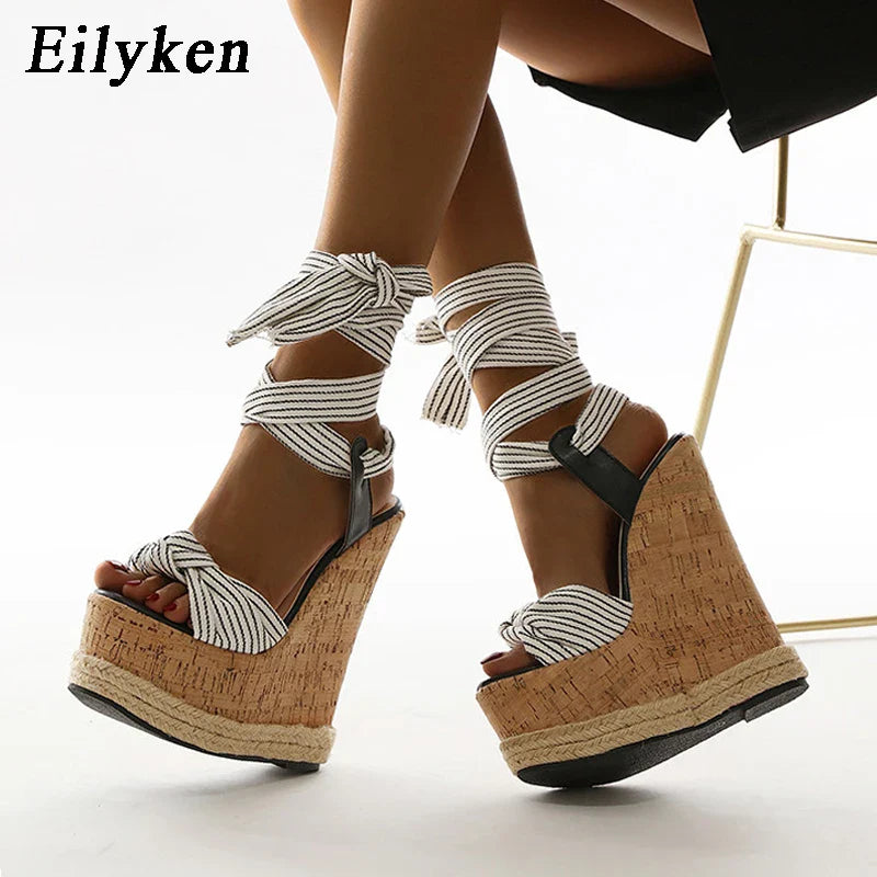 Eilyken Summer Solid White Platform Wedges Sandals Women Fashion High Heels Ankle Strap Ladies Open Toe Shoes LadyShow.Store