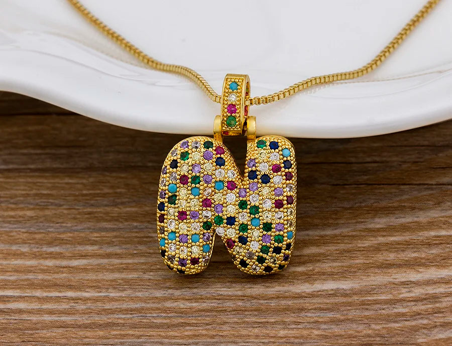 Nidin Fashion Luxury 26 Letters Copper Zircon Pendant Necklace for Women Rainbow Initials Name Necklace Wedding Party Jewelry Pi-Mart