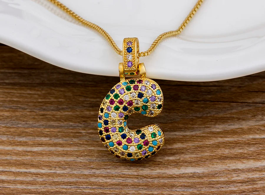 Nidin Fashion Luxury 26 Letters Copper Zircon Pendant Necklace for Women Rainbow Initials Name Necklace Wedding Party Jewelry Pi-Mart