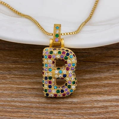 Nidin Fashion Luxury 26 Letters Copper Zircon Pendant Necklace for Women Rainbow Initials Name Necklace Wedding Party Jewelry Pi-Mart