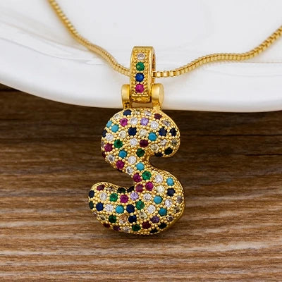 Nidin Fashion Luxury 26 Letters Copper Zircon Pendant Necklace for Women Rainbow Initials Name Necklace Wedding Party Jewelry Pi-Mart