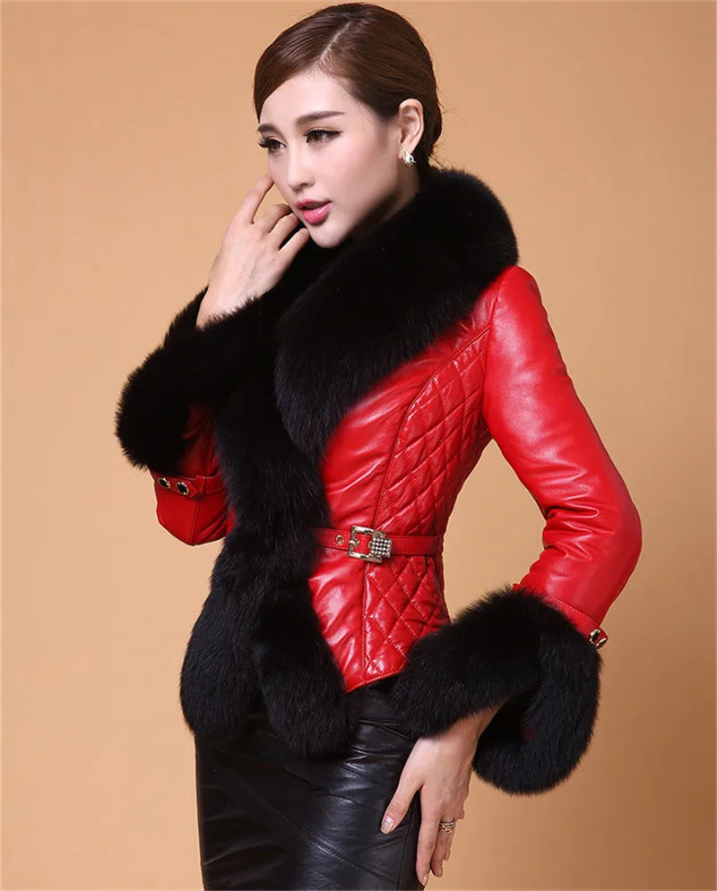New Winter Leather Jacket Women Coat Faux Fox Fur Collar Short Coat PU Leather Female Jacket Elegant Motorcycle Zipper Outerwear Pi-Mart