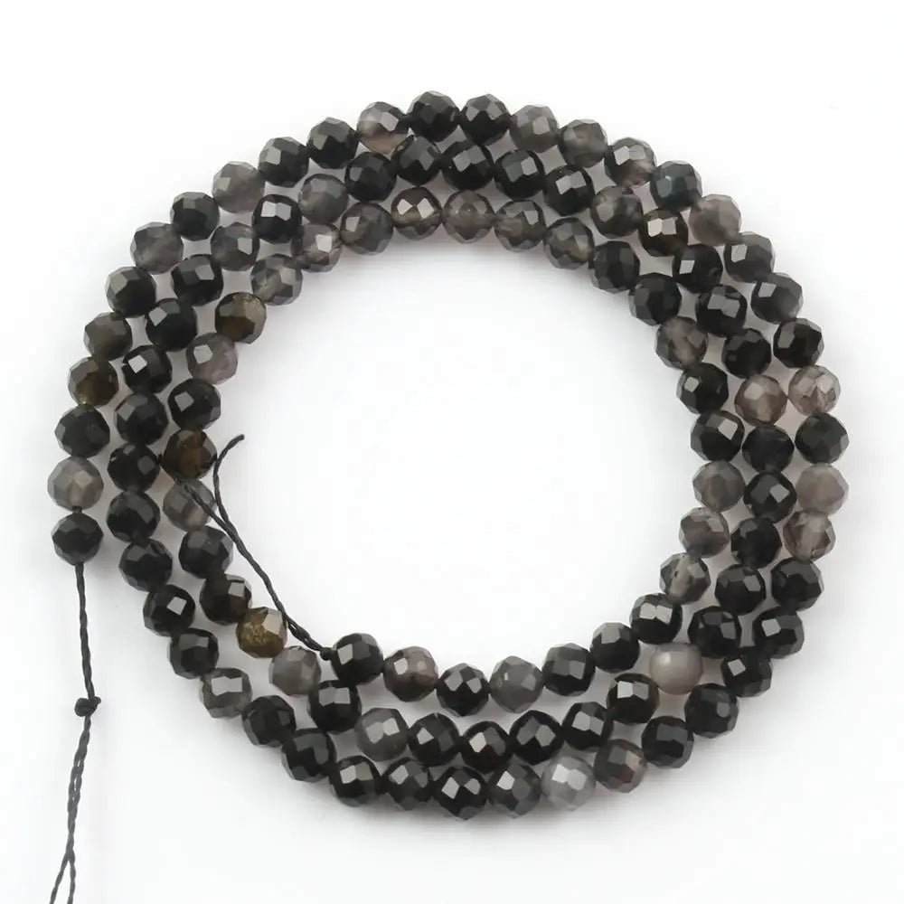 Natural Black Obsidian Stone 2/3/4mm Faceted Loose Round Mineral Beads for Jewelry Making DIY Christmas Gift Bracelets 15inch Pi-Mart