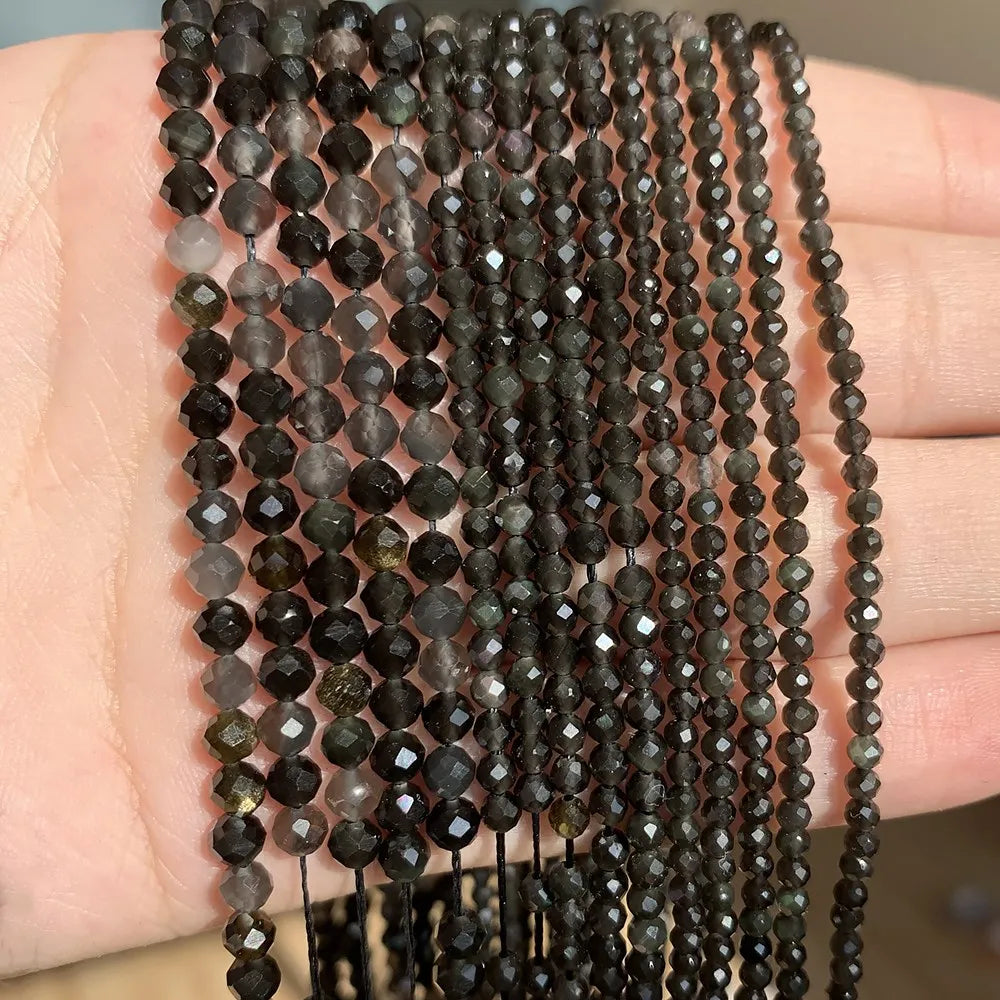 Natural Black Obsidian Stone 2/3/4mm Faceted Loose Round Mineral Beads for Jewelry Making DIY Christmas Gift Bracelets 15inch Pi-Mart