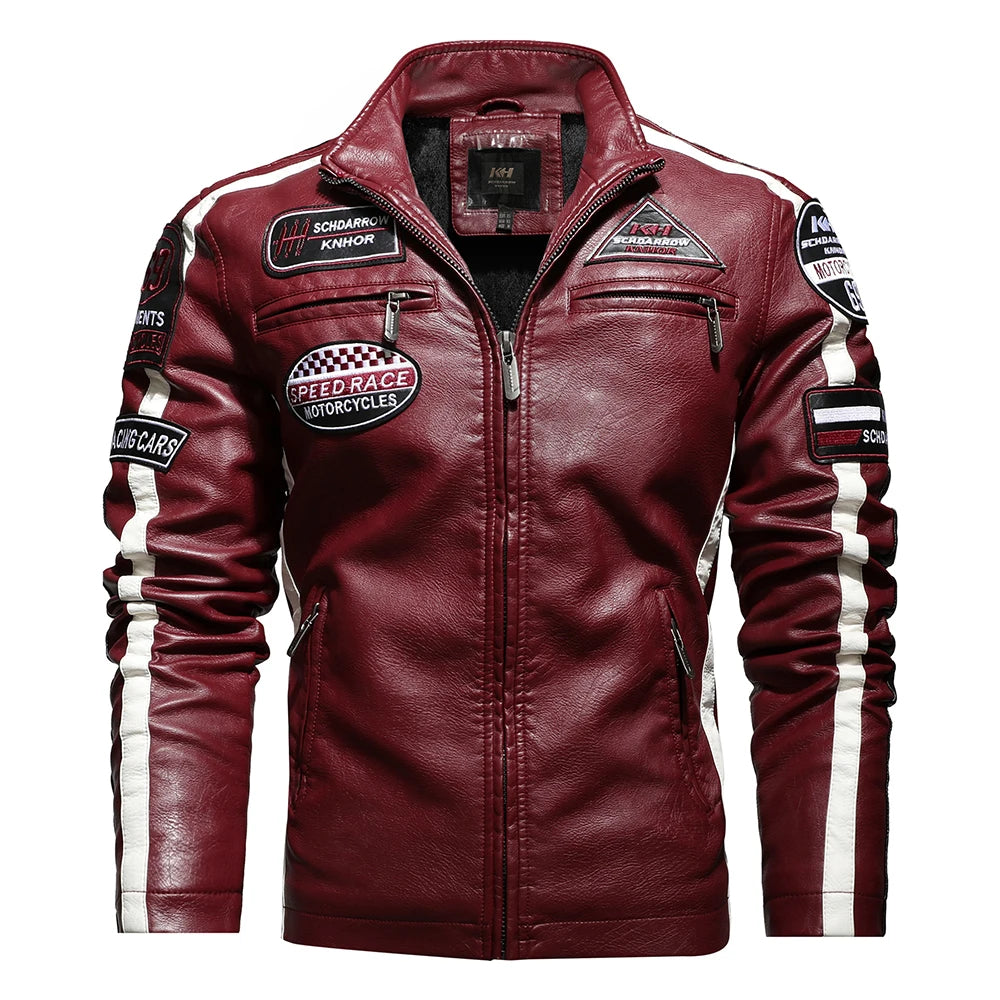 Mens Vintage Motorcycle Jacket 2024 Men Fashion New Biker Leather Jacket Male Embroidery Bomber Coat Winter Fleece Pu Overcoat Pi-Mart