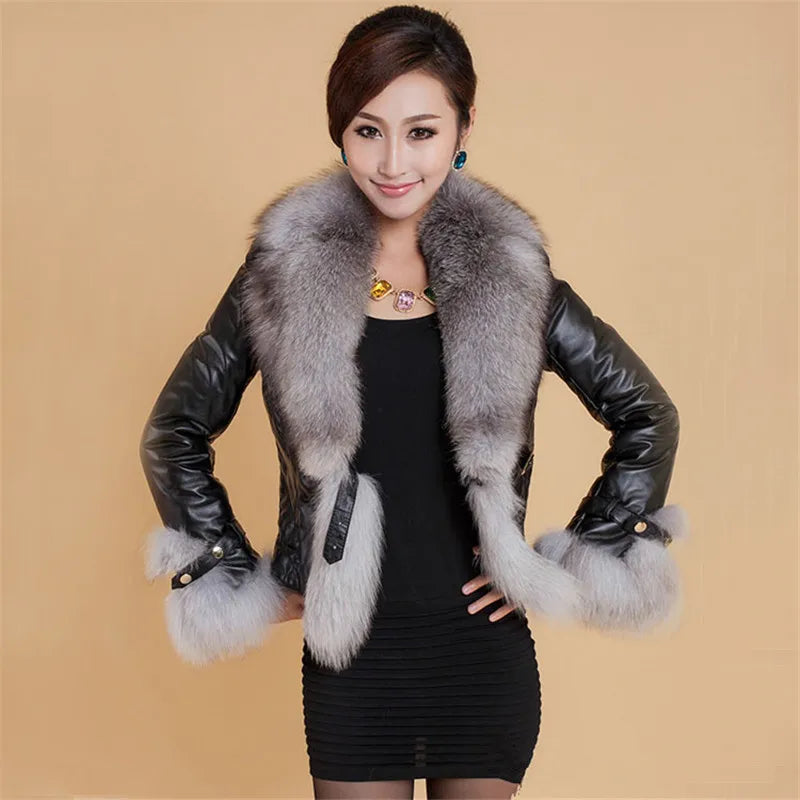 New Winter Leather Jacket Women Coat Faux Fox Fur Collar Short Coat PU Leather Female Jacket Elegant Motorcycle Zipper Outerwear Pi-Mart