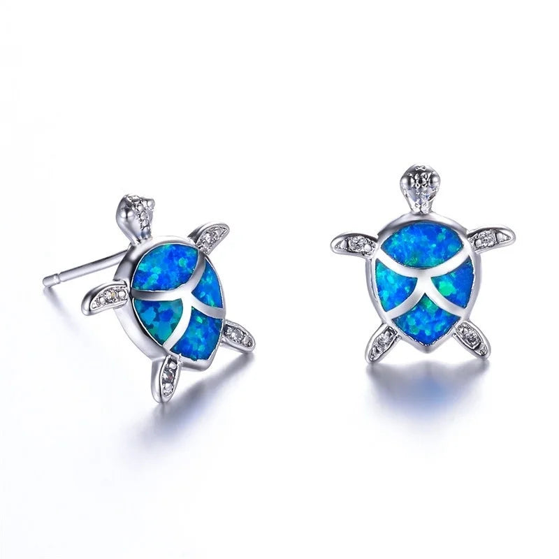 Cute Sea Turtle Stud Earring For Women Fashion Imitation Blue Fire Opal Screw Back Earrings For Women Wedding Band Jewelry Gifts Pi-Mart