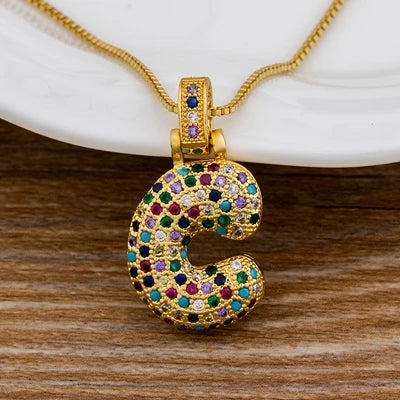 Nidin Fashion Luxury 26 Letters Copper Zircon Pendant Necklace for Women Rainbow Initials Name Necklace Wedding Party Jewelry Pi-Mart