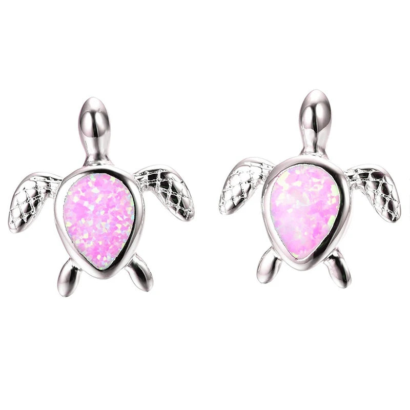 Cute Sea Turtle Stud Earring For Women Fashion Imitation Blue Fire Opal Screw Back Earrings For Women Wedding Band Jewelry Gifts Pi-Mart
