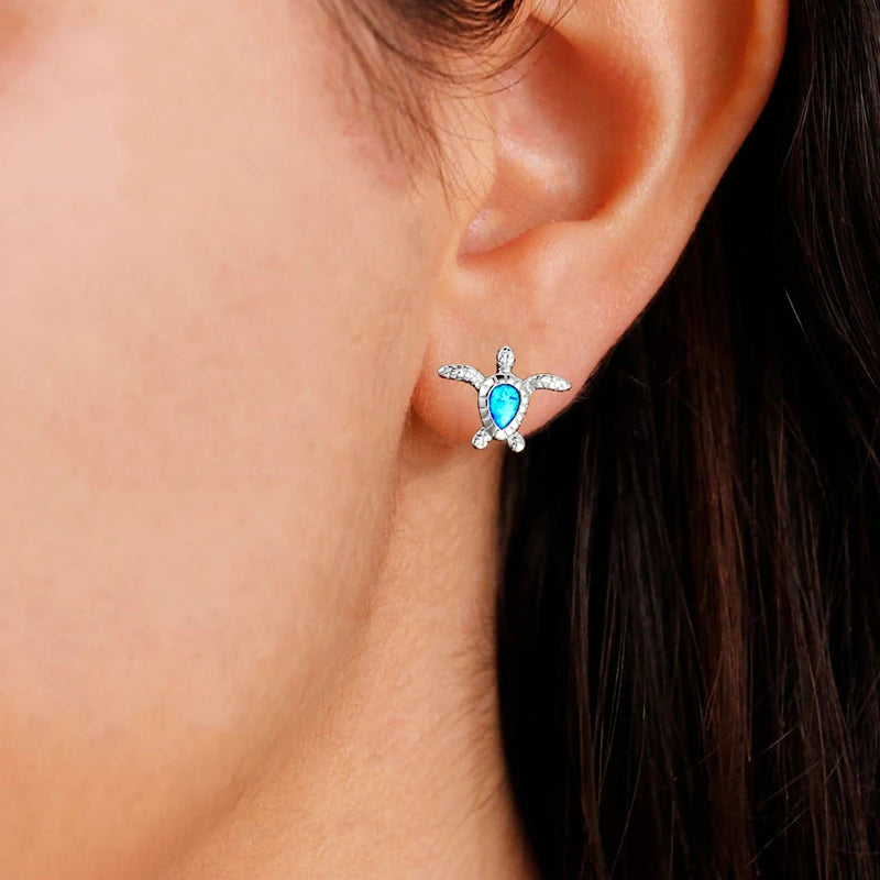 Cute Sea Turtle Stud Earring For Women Fashion Imitation Blue Fire Opal Screw Back Earrings For Women Wedding Band Jewelry Gifts Pi-Mart