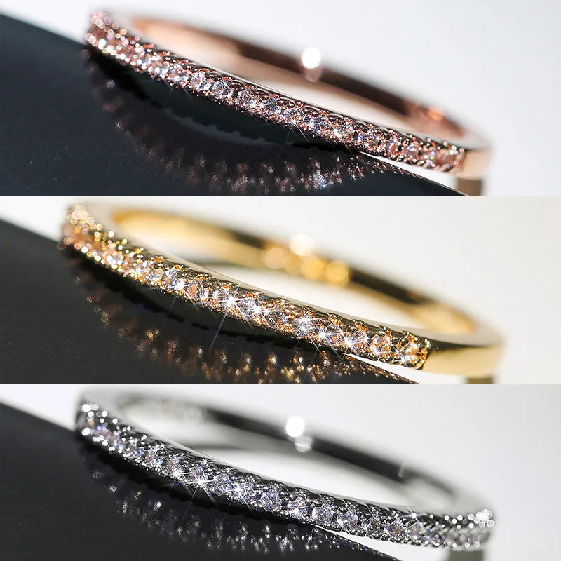 Huitan 3 Colors Simple Band Women Rings Shiny Cubic Zirconia Delicate Anniversary Gift Accessories Hot Sale Fashion Jewelry Pi-Mart