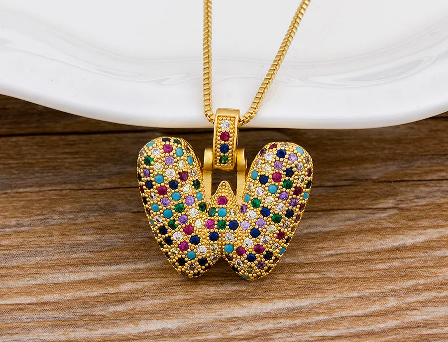 Nidin Fashion Luxury 26 Letters Copper Zircon Pendant Necklace for Women Rainbow Initials Name Necklace Wedding Party Jewelry Pi-Mart