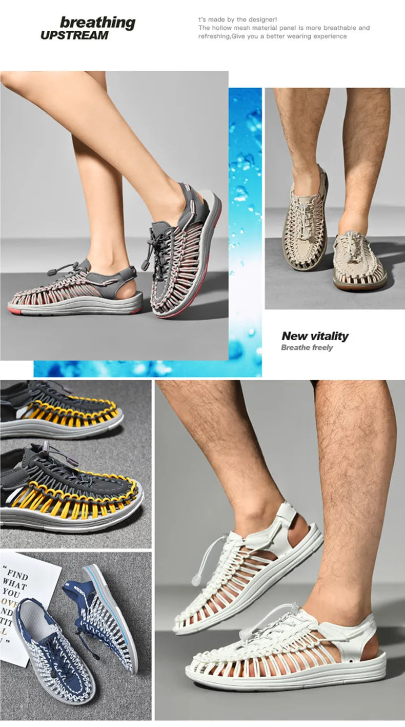 Summer Men Sandals Fashion Handmade Weaving Design Beach Sandals Breathable Casual Flat Sandals Outdoor Couples Sandals Size Pi-Mart
