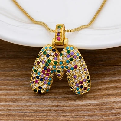 Nidin Fashion Luxury 26 Letters Copper Zircon Pendant Necklace for Women Rainbow Initials Name Necklace Wedding Party Jewelry Pi-Mart