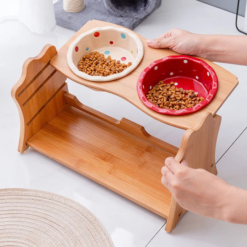 Cute Pets Double Bowl Dog Cat Food Water Feeder Stand Raised Ceramic Dish Bowl Wooden Table Pet Supplies Pi-Mart