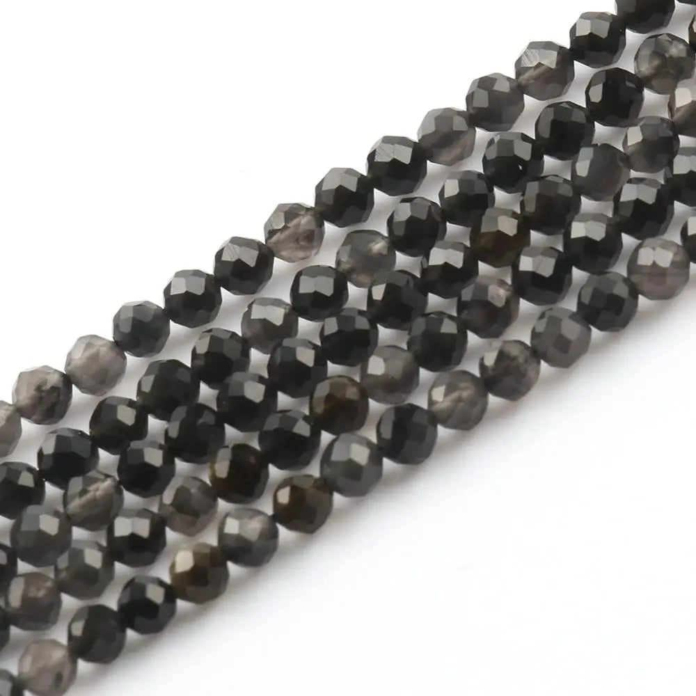 Natural Black Obsidian Stone 2/3/4mm Faceted Loose Round Mineral Beads for Jewelry Making DIY Christmas Gift Bracelets 15inch Pi-Mart