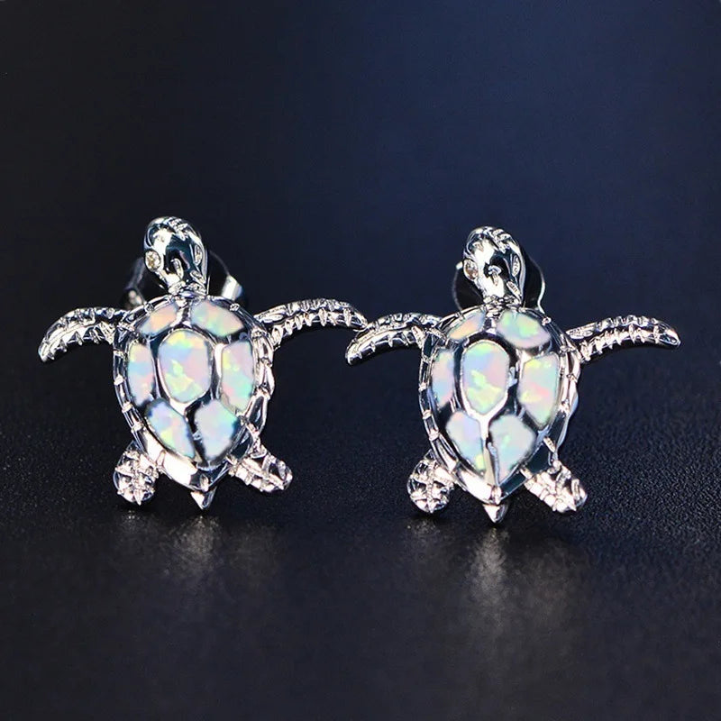 Cute Sea Turtle Stud Earring For Women Fashion Imitation Blue Fire Opal Screw Back Earrings For Women Wedding Band Jewelry Gifts Pi-Mart
