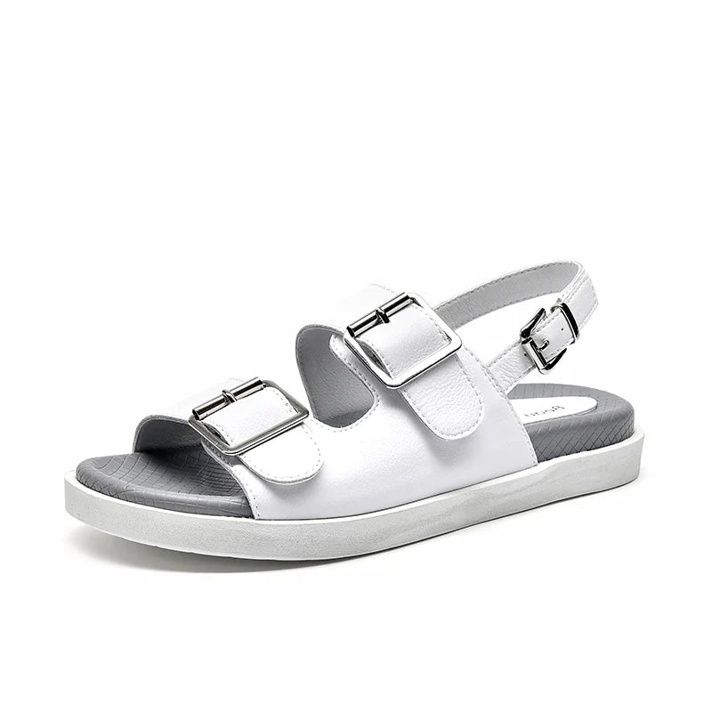 BeauToday Casual Sandals Women Genuine Leather Metal Ankle Buckle Strap Summer Beach Ladies Low Heel Sport Shoes Handmade 38128 LadyShow.Store