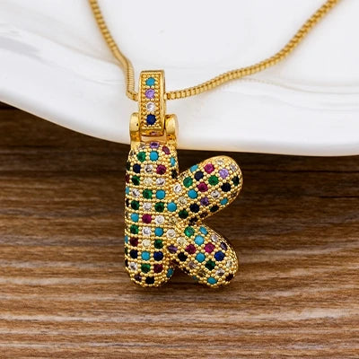 Nidin Fashion Luxury 26 Letters Copper Zircon Pendant Necklace for Women Rainbow Initials Name Necklace Wedding Party Jewelry Pi-Mart