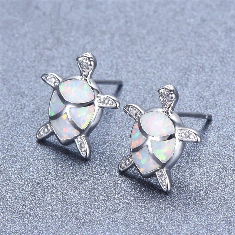 Cute Sea Turtle Stud Earring For Women Fashion Imitation Blue Fire Opal Screw Back Earrings For Women Wedding Band Jewelry Gifts Pi-Mart