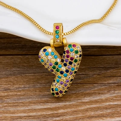 Nidin Fashion Luxury 26 Letters Copper Zircon Pendant Necklace for Women Rainbow Initials Name Necklace Wedding Party Jewelry Pi-Mart