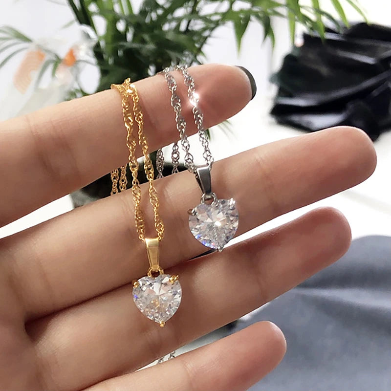 Heart Necklaces For Women Stainless Steel Gold Plated Chain Zircon Heart Pendant Choker Necklace Wedding Boho Jewelry Gift Femme Pi-Mart