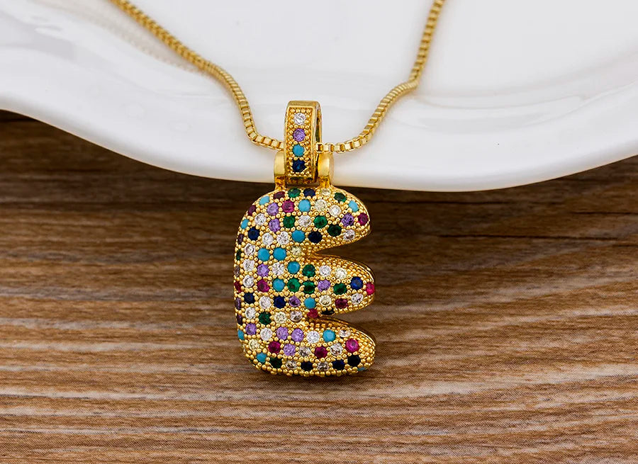 Nidin Fashion Luxury 26 Letters Copper Zircon Pendant Necklace for Women Rainbow Initials Name Necklace Wedding Party Jewelry Pi-Mart