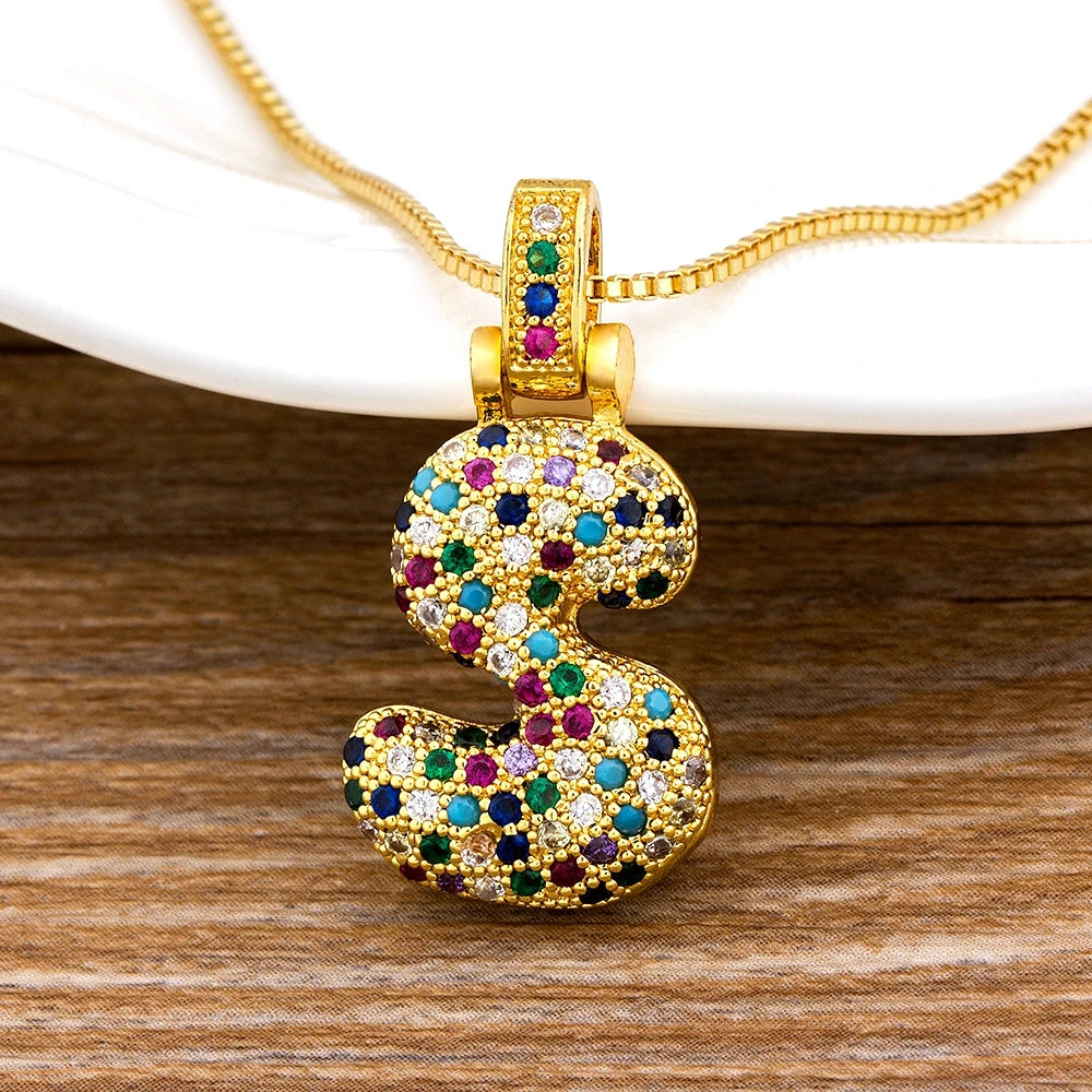 Nidin Fashion Luxury 26 Letters Copper Zircon Pendant Necklace for Women Rainbow Initials Name Necklace Wedding Party Jewelry Pi-Mart
